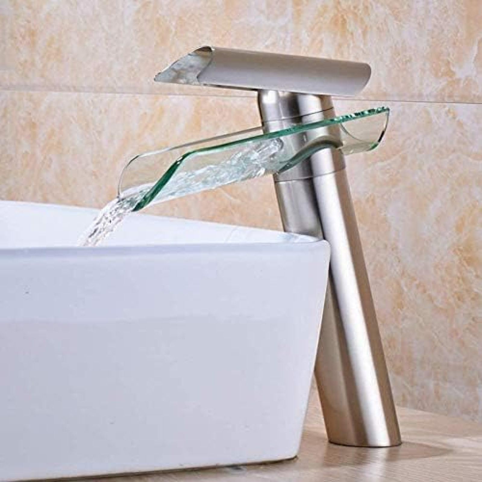 COSZWQDP Kitchen Taps Faucet Brushed Nickel Glass Waterfall Sink Mixer Tap Deck Mounted