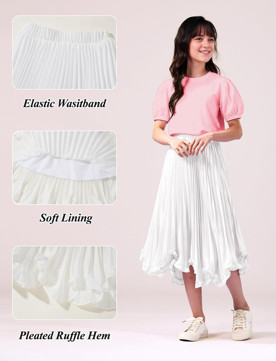 Happy Cherry Girls Glossy Pleated Skirt Elastic Waist Ruffle Skirts Chiffon Long Skirt 4-16 Years