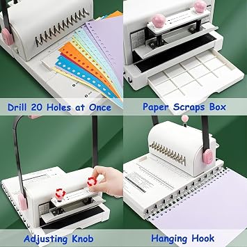 Double Coil Binding Machine, 12-Hole Punch with 20 Sheet Capacity, Pressure Adjustment & Dual-Sided Ruler for Notebooks, Cards & Craft Binding