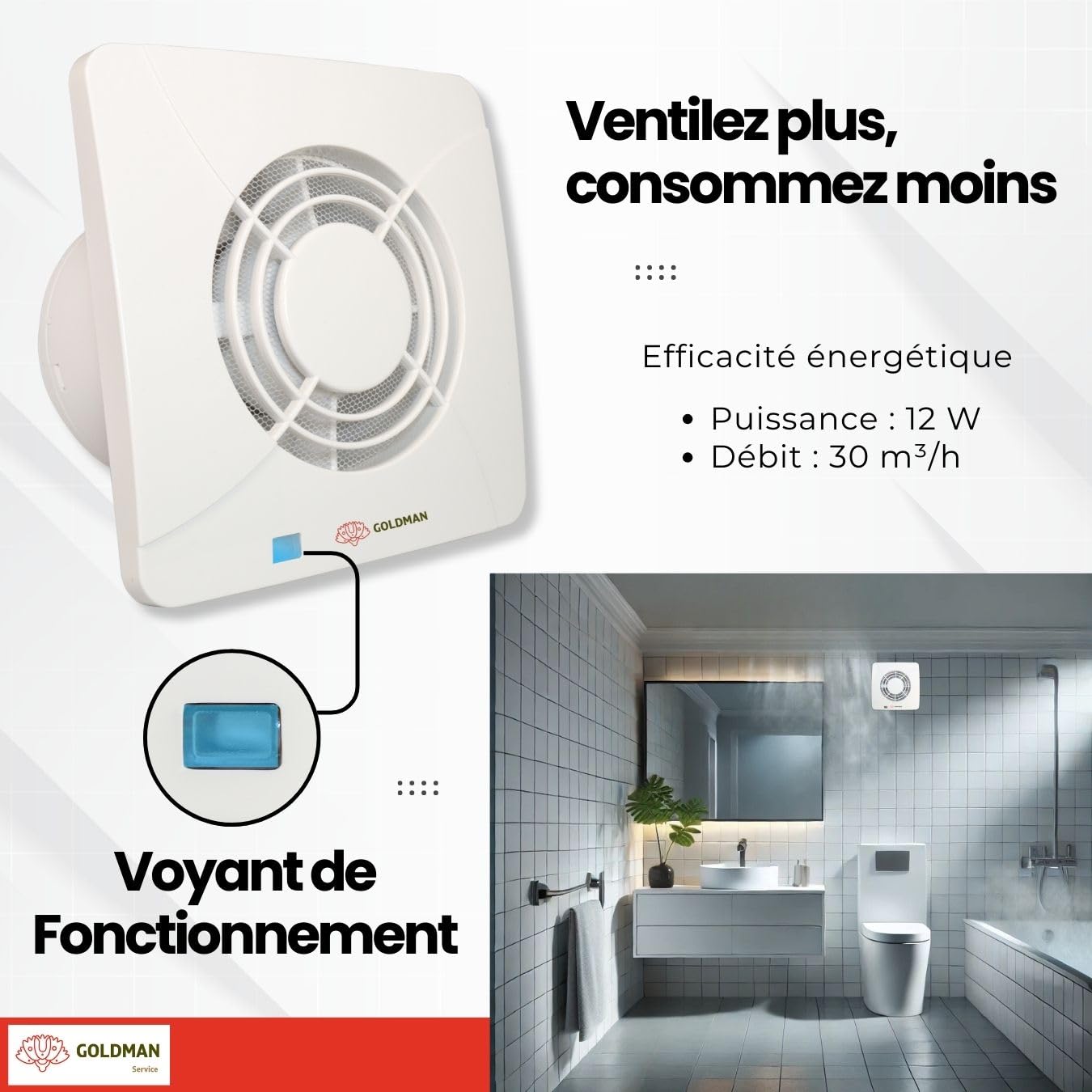 GOLDMAN SERVICE | Extracteur de salle de bain cuisine silencieux, puissant, Ventilateur extracteur d'air, anti-humidité, anti-odeur, Valve anti-retour et moustiquaire | Diamètre : 100 mm