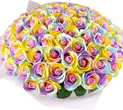 Amazon お好きな本数 ソープフラワー花束 レインボーローズ パステル A 50本 ブーケ 虹色のバラ 誕生日 記念日 お祝い 結婚 退職 シャボンフラワー 造花 ギフト プレゼント パーティー 造花 オンライン通販