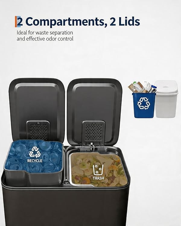 Takywep Dual Compartment Kitchen Trash Can 15L x 2, Stainless Steel Double Garbage Cans for Kitchen, Step Recycle Bin Combo with Soft-Close Lid, Black by Takywep - Used condition - Image 3