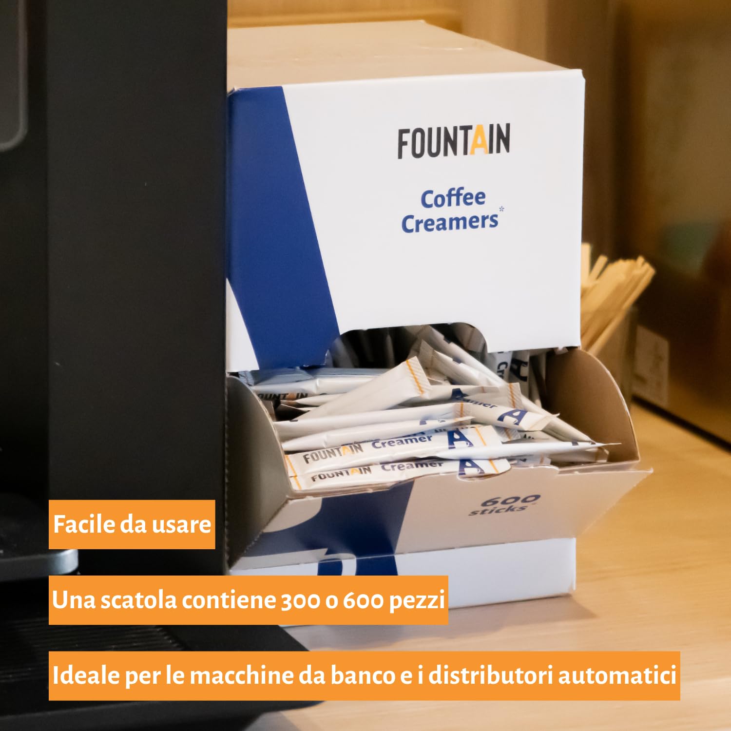 Fountain – Bustine di latte in polvere – Monodosi da 2,5 g in una scatola dispenser – per una tazza di caffè o tè – 2,5 g × 600 bustine