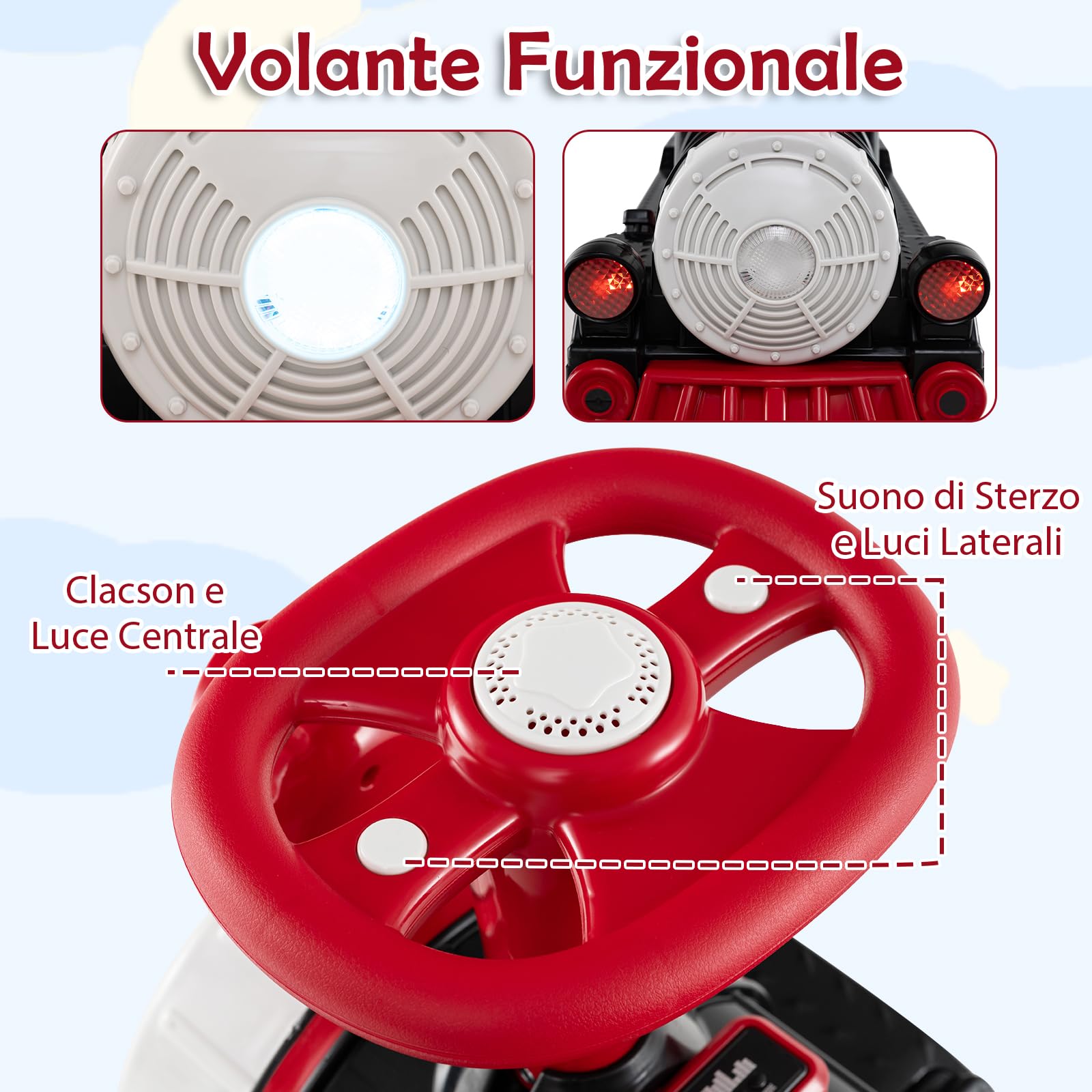 COSTWAY Trenino Elettrico Cavalcabile per Bambini, 12V Macchina Elettrica a 3 Posti con Locomotiva e Vagone Rimovibili, Treno con Luci LED, Clacson e Musica, per Bambini 3-8 Anni (Rosso)