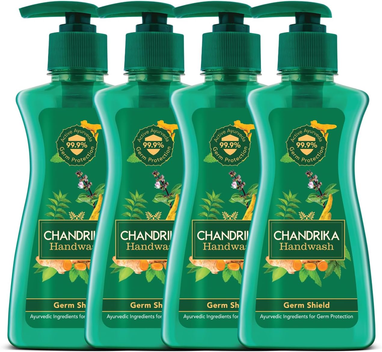 Chandrika Germ Shield Handwash 200ml (Pack of 4) Liquid Pump| With Neem and Other Ayurvedic Ingredients| 99.99% Germ Protection