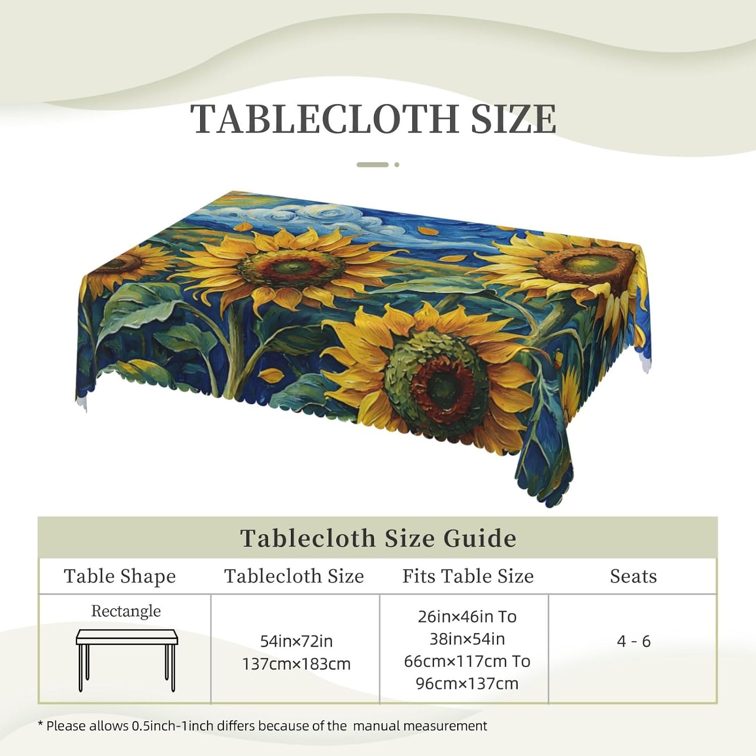 Golden Sunflowers Tablecloth Rectangular Table Cloth Table Cover Reusable Tablecloths for Party Picnic Dinner Decor 54x72in