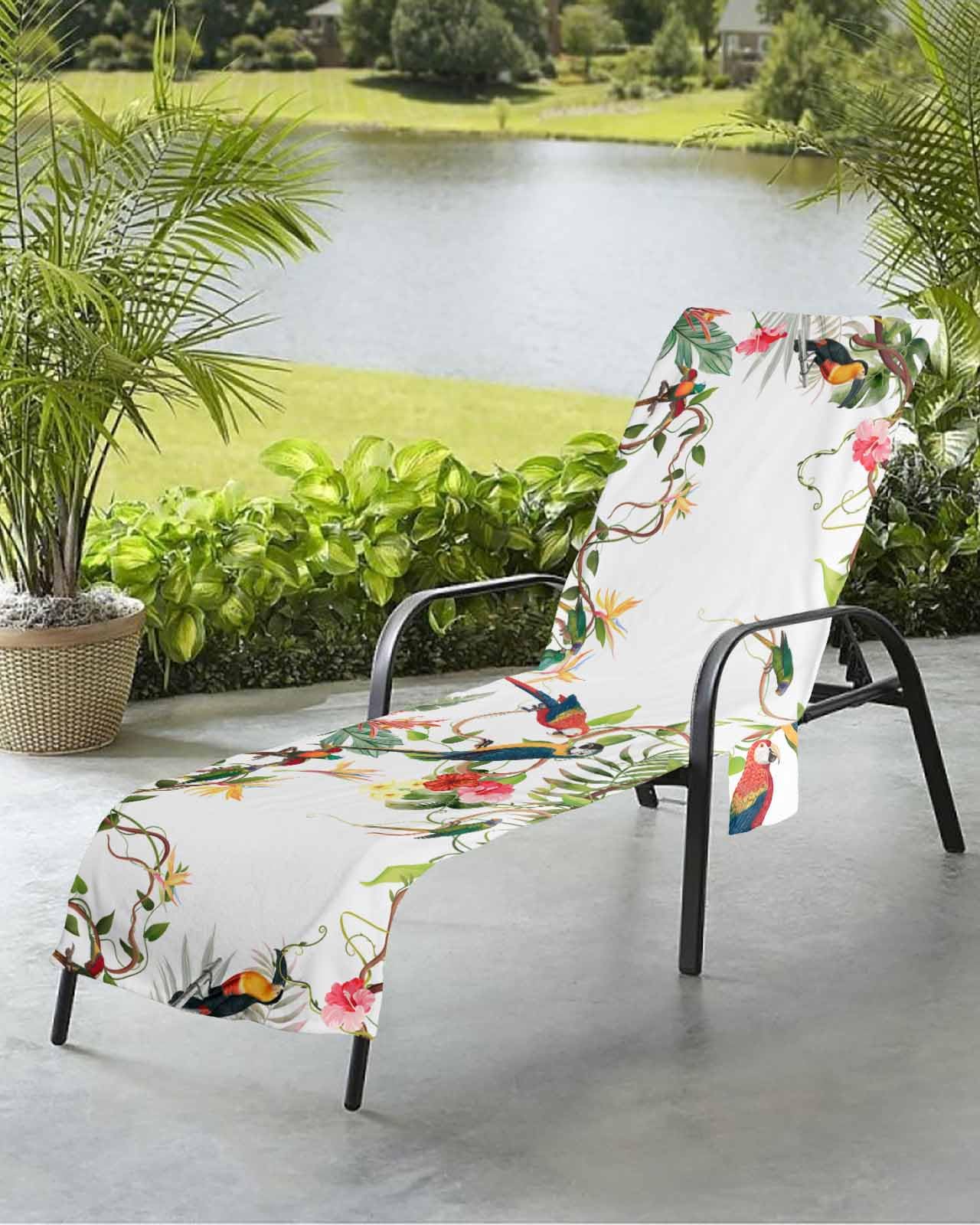 Tropical Leaf Beach Chair Towel Covers for Chaise Lounge with Side Pocket, Soft Plush Pool Towels Cover for Patio Sunbathing Outdoor 29''x85'' Watercolor Birds Summer Flowers White Green