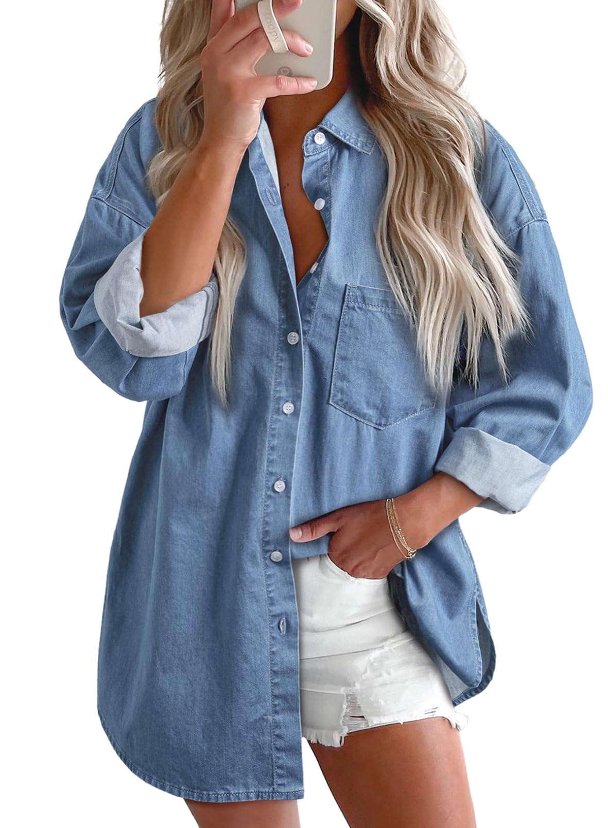 Astylish Women Denim Shirts Button Down Blouse V Neck Casual Tops