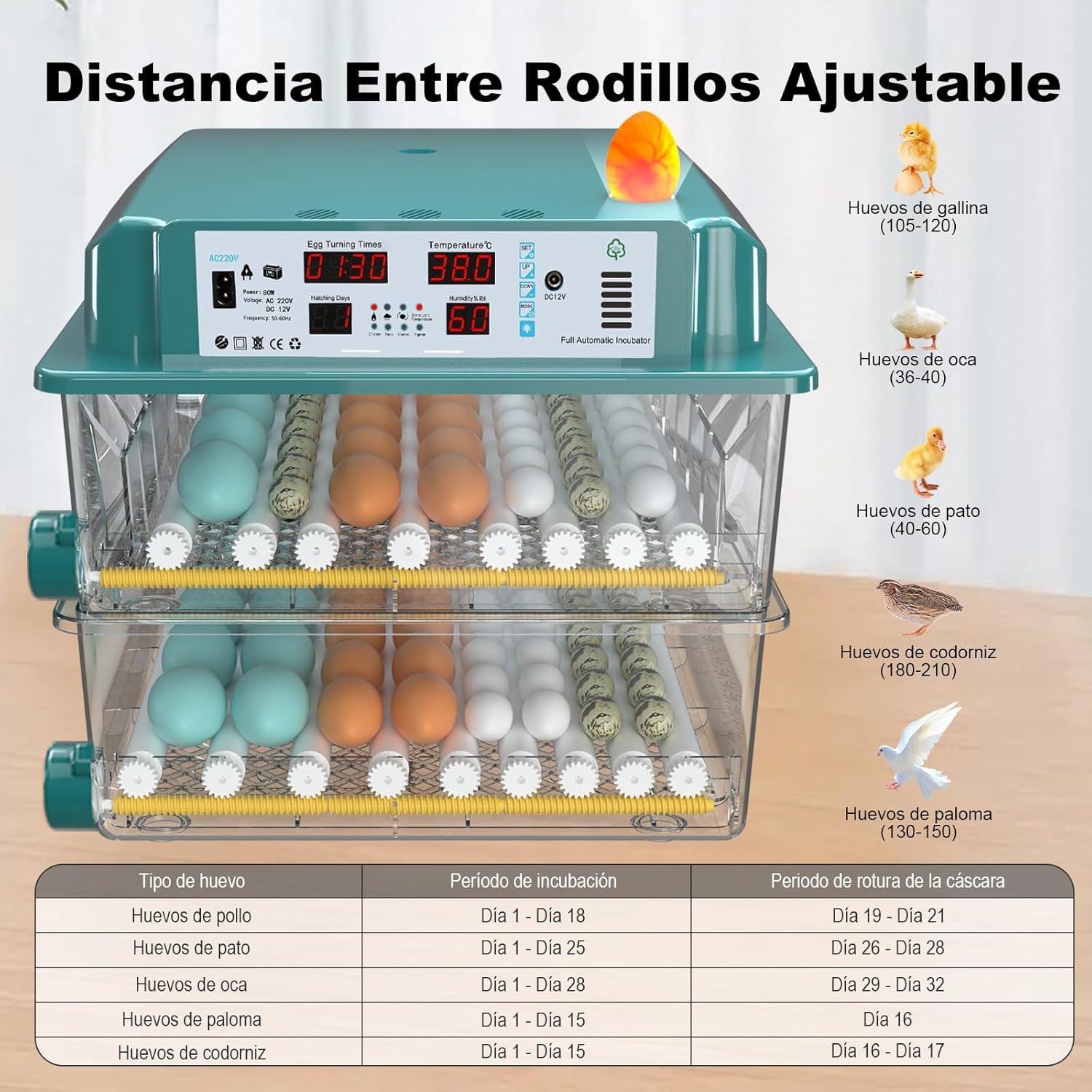 Incubatrice per Uova 120 Pezzi, Incubatrice per Uova Automatica con 4 Modalità di Incubazione, Riempimento Automatico dell'Acqua, Display Temperatura e Umidità, Incubatrice per Uova di Gallina