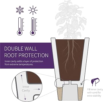 Crescent Garden Bowery Tall Square Planter with Sand Cavity for Stability - Windproof Double-Walled Outdoor HDPE Pot for Garden, Patio, Interior - 13 W x 25.5 H (Caviar Black)