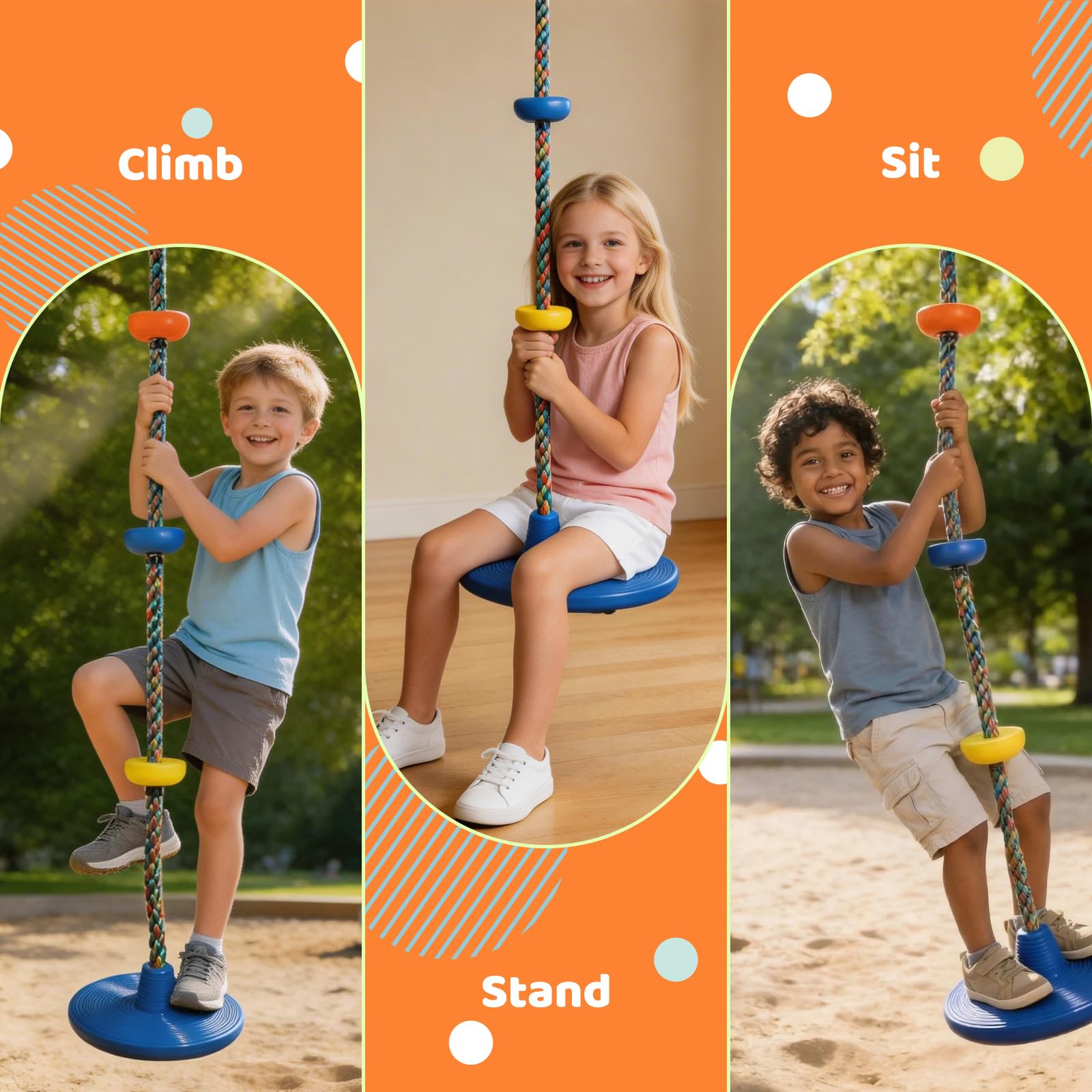 Vdealen Kletterseilschaukel, Kinderschaukel für den Außenbereich, mit Frisbee-Sitz, geeignet für Garten und Hof, Längenverstellbar, farbenfrohe Ausführung, 1,9 Meter lang (Blau)