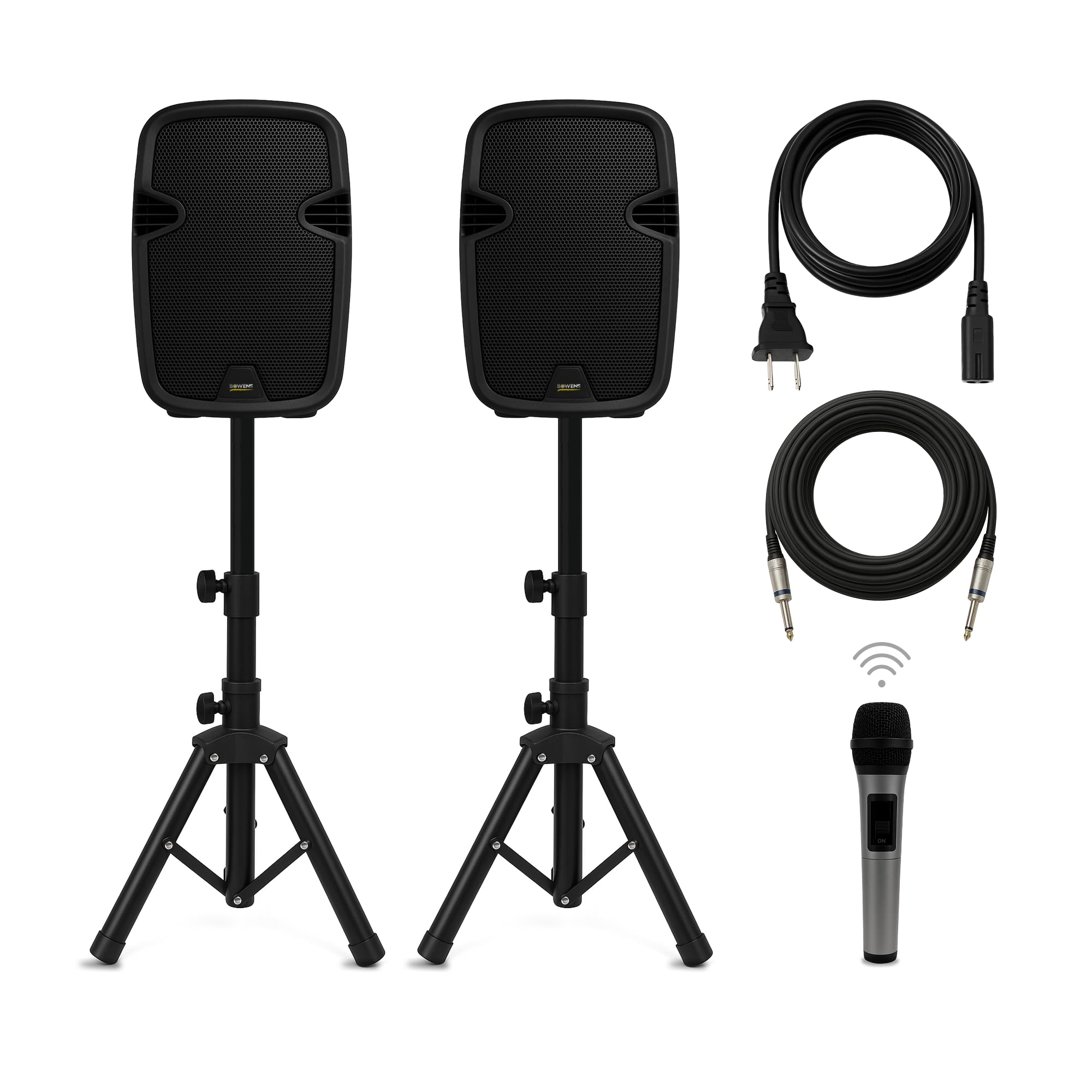 Bowens 8-Inch Bluetooth PA Speaker Set &ndash; Portable Speakers Bluetooth Wireless Microphone with Stands and Cable &ndash; Party Speaker & DJ Speakers Outdoor Sound System, PA System Set for Events, Karaoke