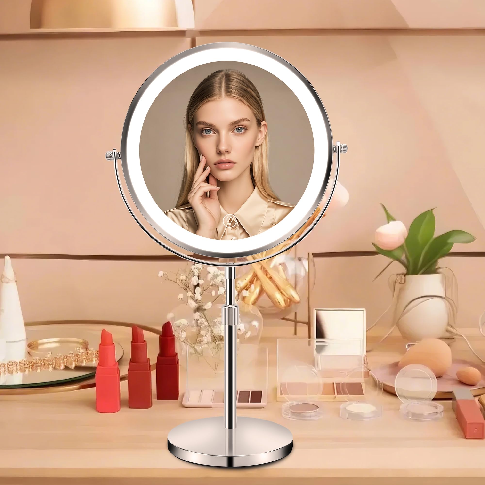 Specchio Trucco Con Luci, Specchio Ingranditore 10x Rotazione A 360° Con 3 Luci Colorate Luminosità Regolabile, Specchio Trucco Con Bifacciale Per La Cura Personale E Il Trucco