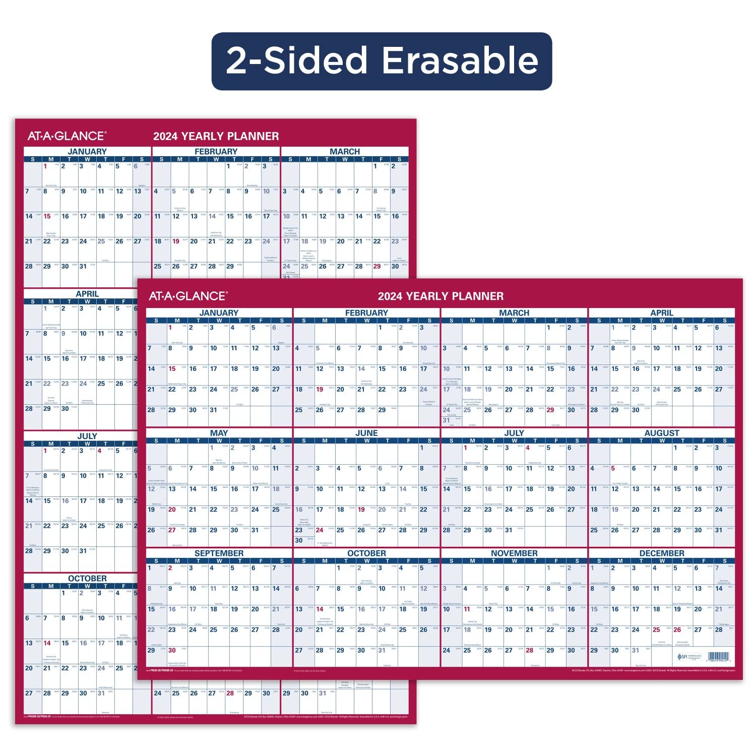 AT-A-GLANCE Calendario 2024 cancellabile, planner da parete cancellabile a secco, 91,4 x 61 cm, grande, verticale/orizzontale, reversibile, include pennarello (PM262824)