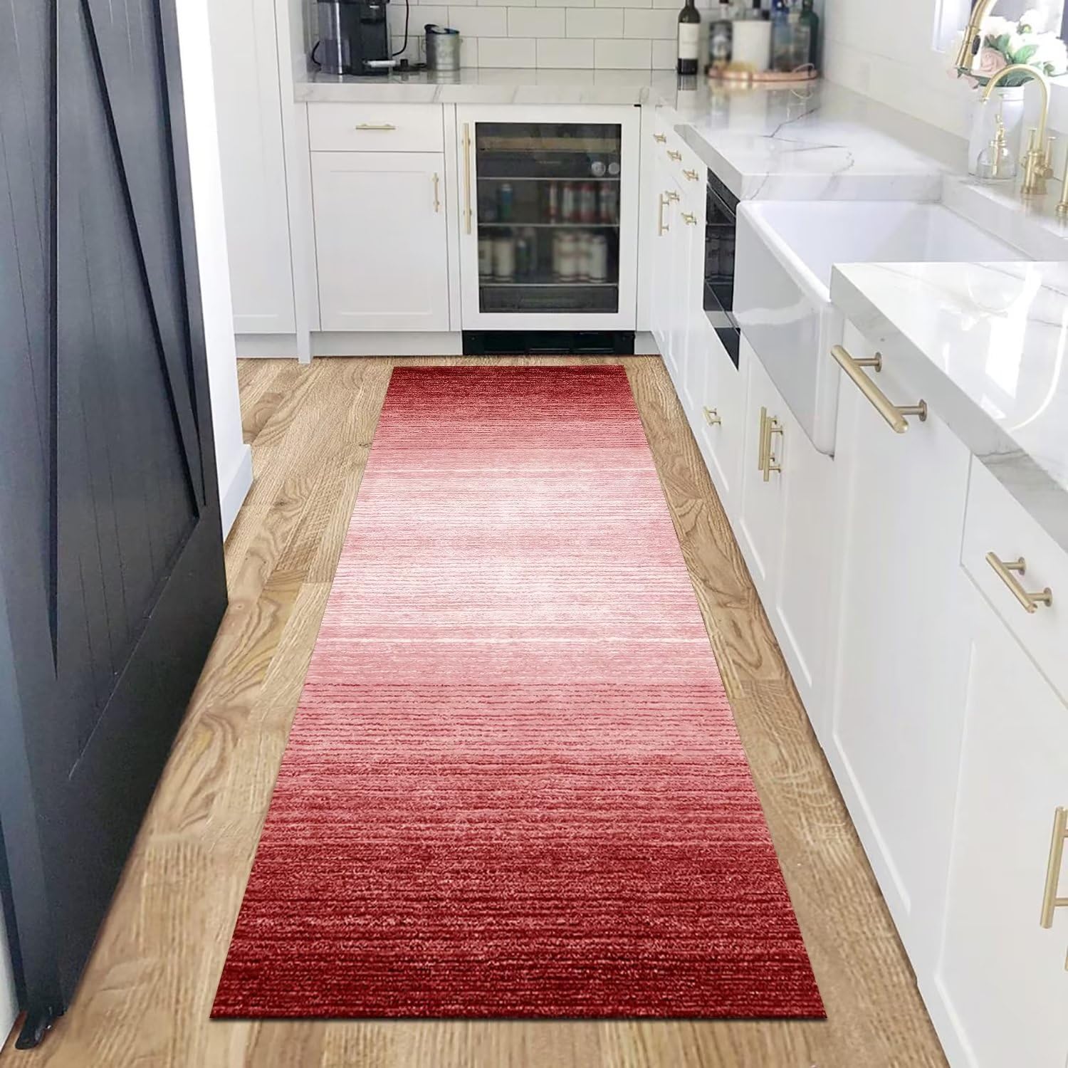 Teppichläufer Flur Küchenteppich rutschfeste Teppichmatten Küchenläufer 100 x 250 cm Rot Weiß Langer Korridor Teppichläufer Waschbar Meterware Teppich Küchenmatte für Wohnzimmer Schlafzimmer