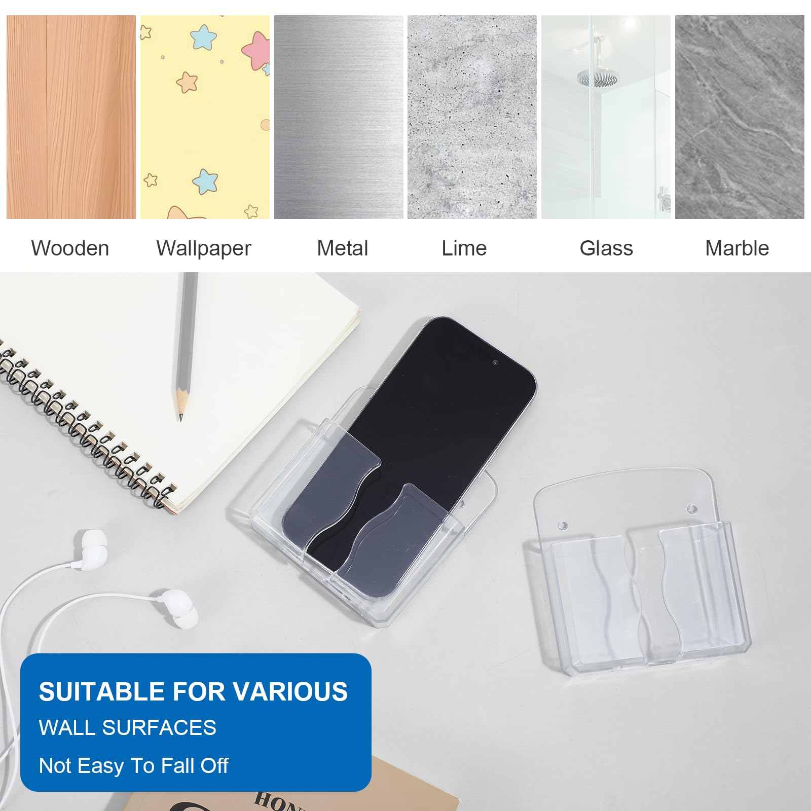 Lot de 2 supports muraux universels pour téléphone portable - Avec trou de chargement - Transparent - Support mural pour téléphone portable - Organiseur mural pour lit et salon