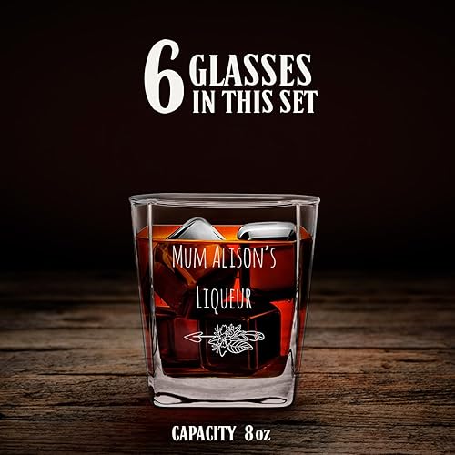 Miniatura 5 de Maverton Jarra de whisky + 6 vasos con grabado, decantador de licores clásicos de 23 onzas líquidas para ella, vasos de 10 onzas líquidas para