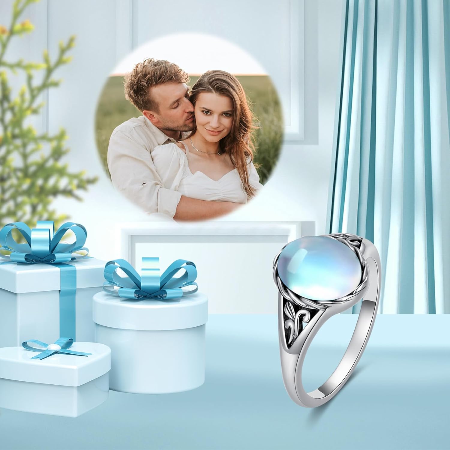 Turquoise Vintage Ring for Women, S925 Sterling Silver Oval Cut Natural Turquoise/Moonstone//Black Onyx Boho Turquoise Jewelry for Birthday Mother's Day Christmas - Image 2