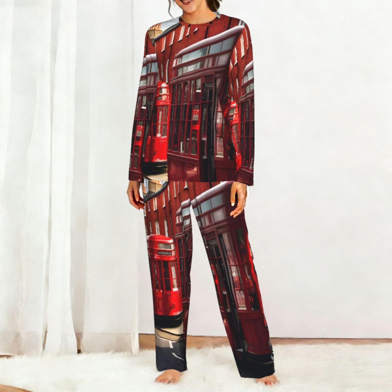 Red London Street Print - Pigiama da donna a maniche lunghe, morbido, confortevole, elastico