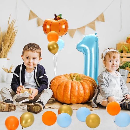 Miniatura 3 de Whaline 17 globos de calabaza para el primer cumpleaños, globos de calabaza número uno, globos azules, dorados, naranjas, para otoño, Acción de