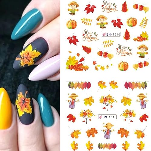 Miniatura 4 de Calcomanías de arte de uñas de otoño, suministros de uñas de hojas de arce, calcomanías de agua, papel de transferencia de hojas de arce, calabaza,