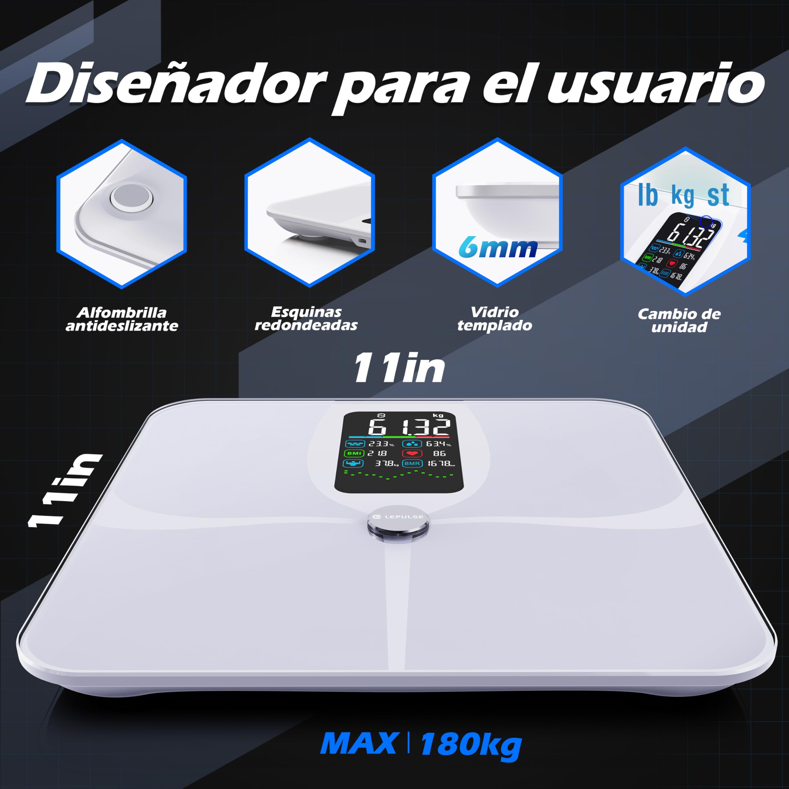 Lepulse Bascula Grasa Corporal y Muscular, Bascula de Baño Inteligente con Pantalla Grande, Bioimpedancia Bascula Inteligente con 22 Mediciónes, Balanza Peso Corporal Masa Muscular IMC con App
