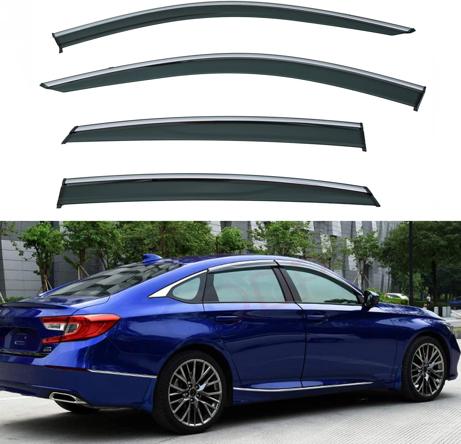 LQQDP Set of 4 Front+Rear Smoke Tint with Chrome Trim Sun/Rain Guard Outside Mount Tape-On/Clip-On PVC Window Visors Compatible with 2018-2022 Accord 4-Door Sedan 2023 Accord 10th Gen