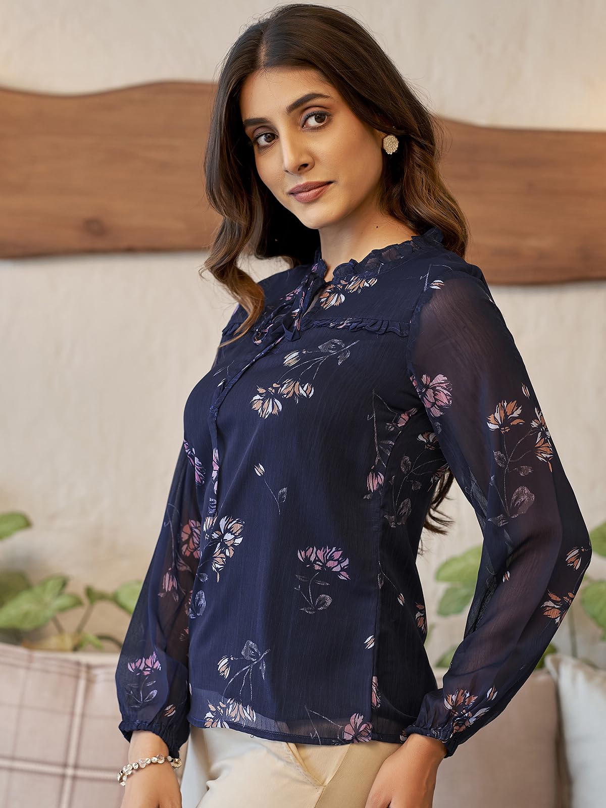 Selvia Women's Chiffon Printed Long Sleeve Regular Fit Top (613Tk7693N-Xs_Navy Blue & Multi)
