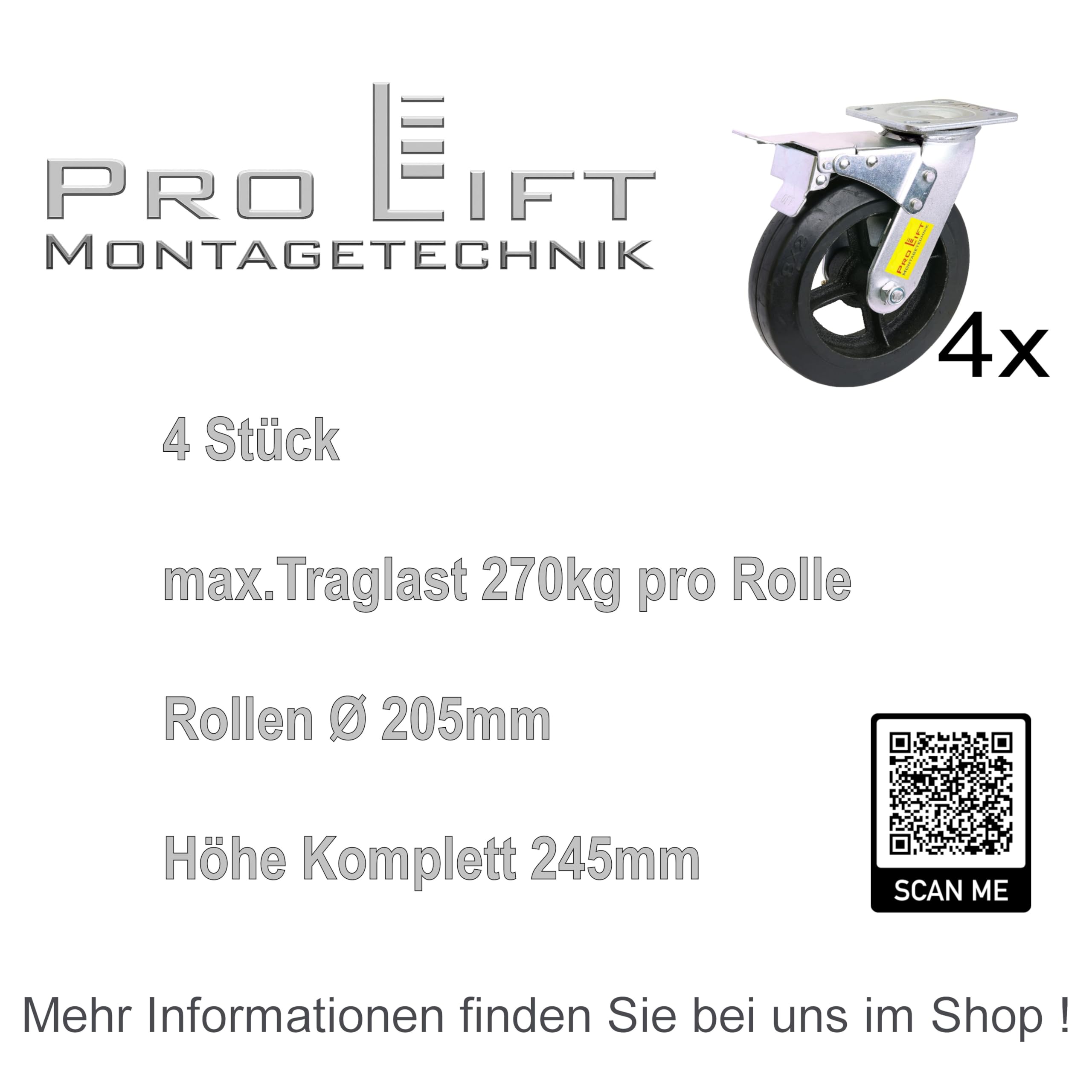 4 Stück: je 270kg Lenkrollen, Doppelbremse, Vollgummi-Rollenbelag, 01555