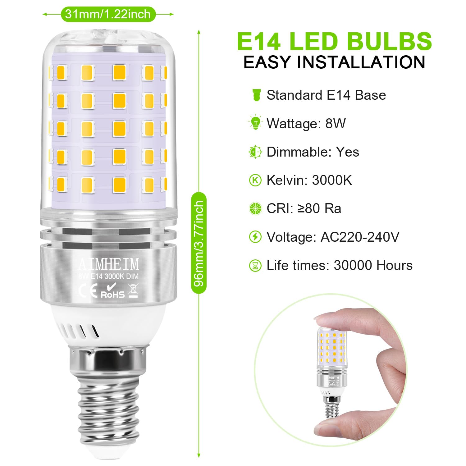 AIMHEM 4 Pezzi Lampadina LED E14 Dimmerabile 3000K Luce Bianca Calda, 8W Lampada E14 LED Equivalente 80W Lampada Alogena, Nessun Sfarfallio Risparmio Energetico Lampadine Attacco Piccolo E14
