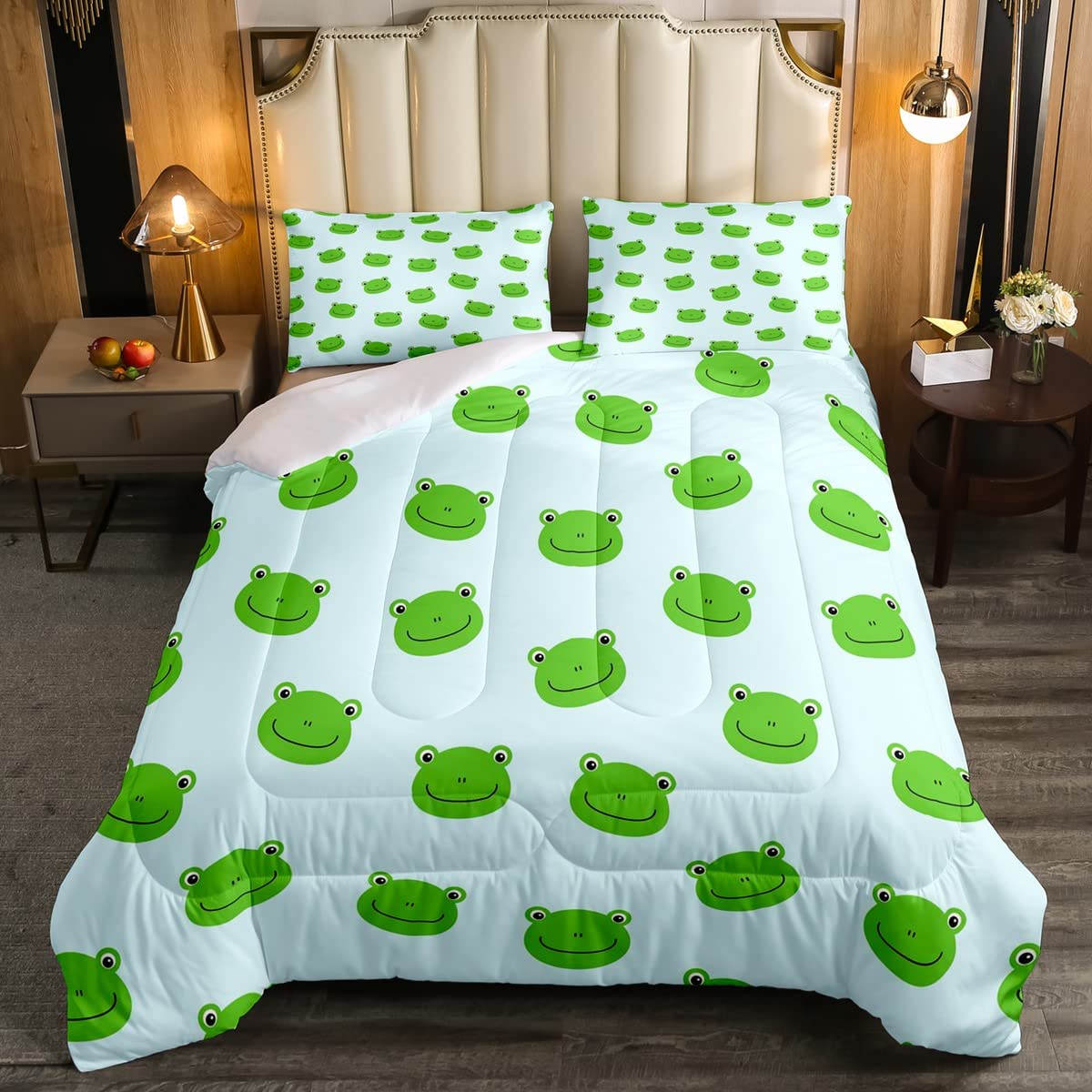 Frog Kids Cute Green Frogs Duvet Set Boys Girls Kawaii Teal Animal Bedding Set Microfiber Nature Duvet Insert Single Size