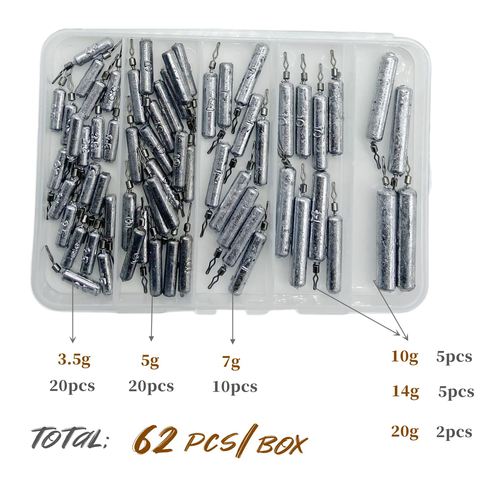 62Pcs/Box Lead Drop Shot Weights Kit (3/4oz, 1/2oz,1/4oz.3/8oz,1/5oz.1/8oz Mixed), Pencil Shaped Drop Shot Rig, No Snag Skinny Lead Sinker, Fishing Bass Rig Cylinder Saltwater Freshwater