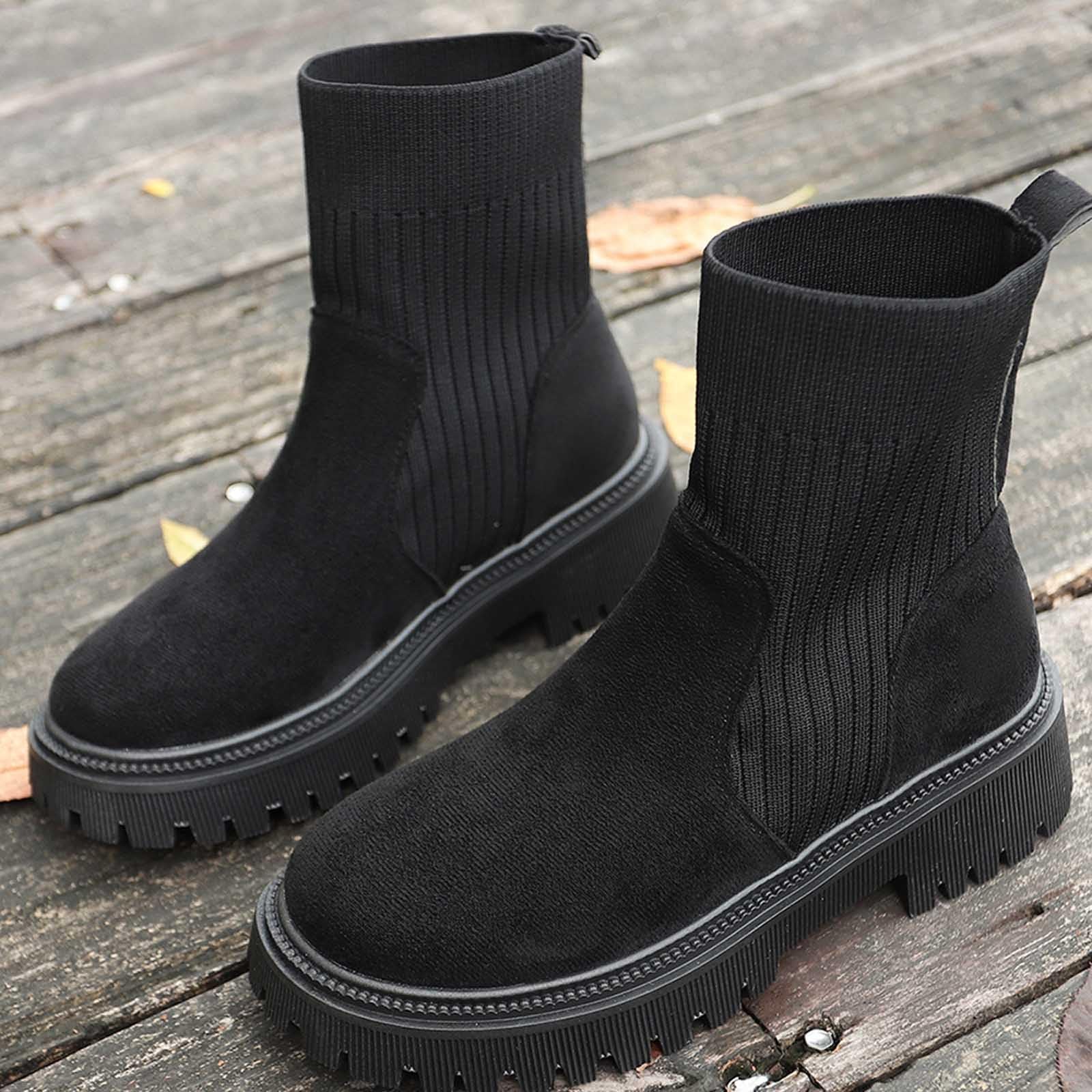 Bottines tendance pour femme - En daim - Couleur unie - Légèrement doublées avec talon bloc - Tige courte - En tricot