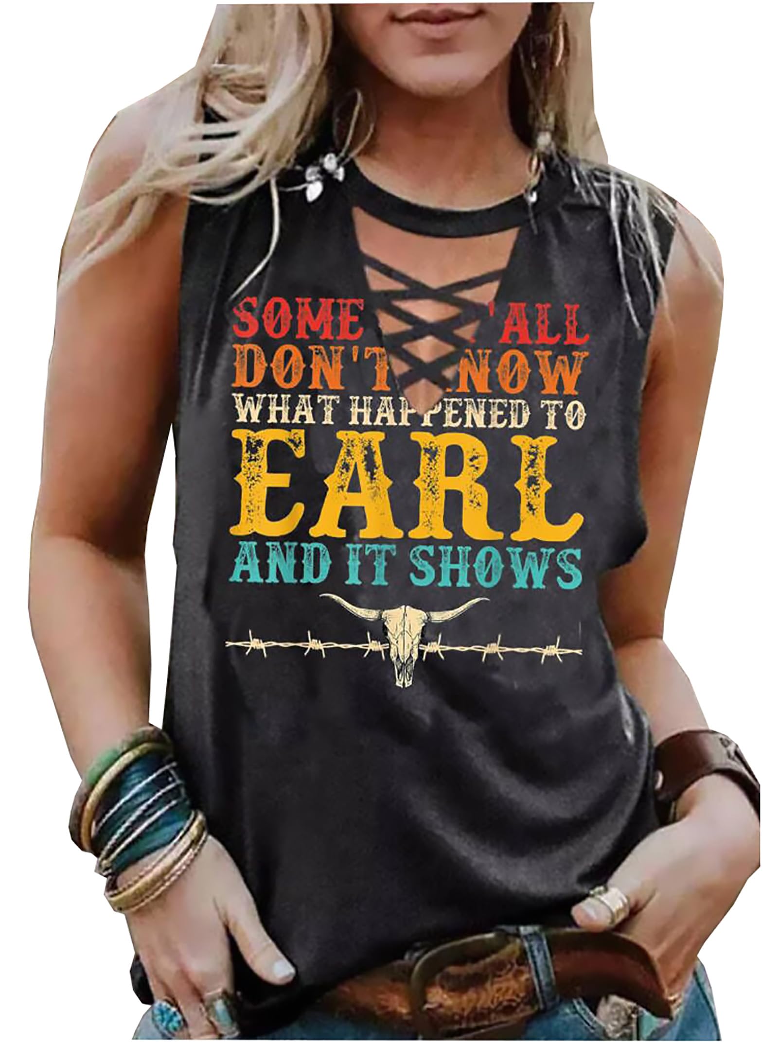 jusgaiWomen Some of Y'all Don't Know What Happened to Earl and It Shows Tank Steer Skull Graphic Tee Western Country Tank