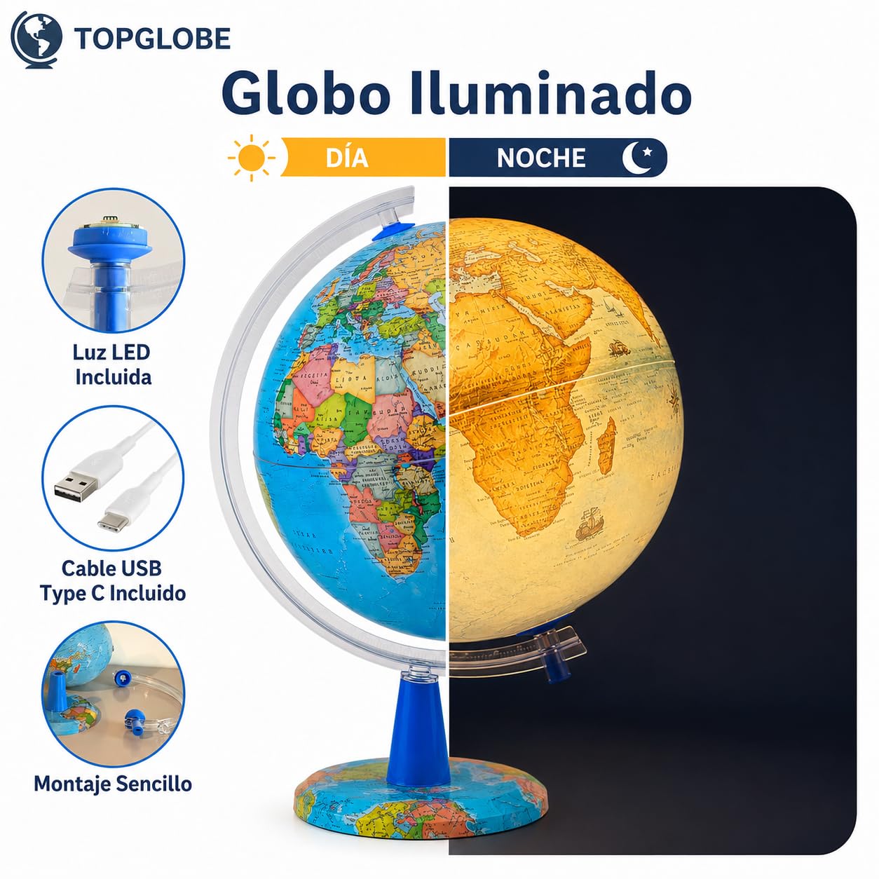 Mappamondo illuminato 20 cm mappa spagnola USB con pin
