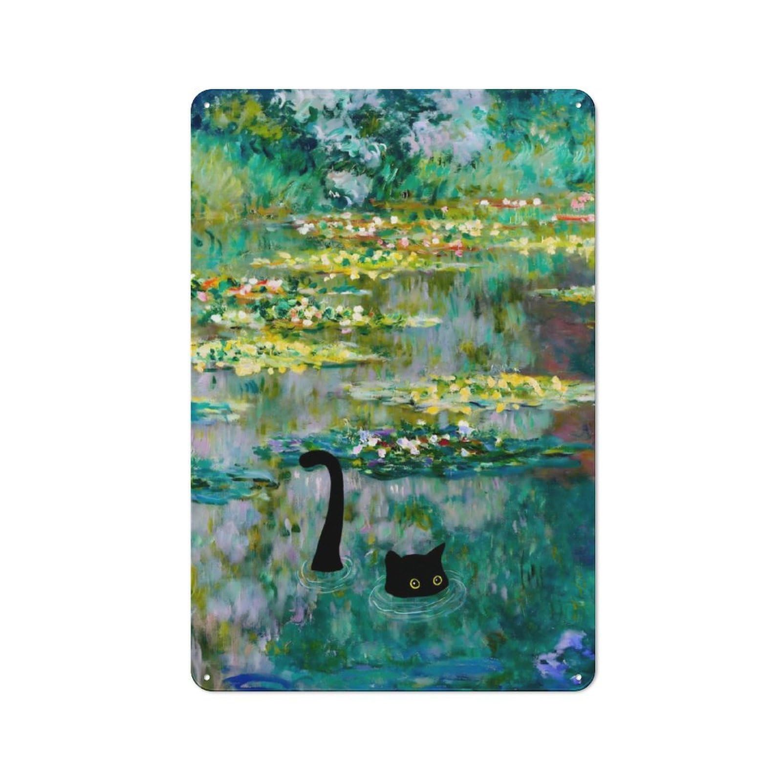 Junmoney Cat Waterlilies Monet Vintage Tin Sign 30X20cm With For Garage Wall, Suited To People Furnishing A Garage
