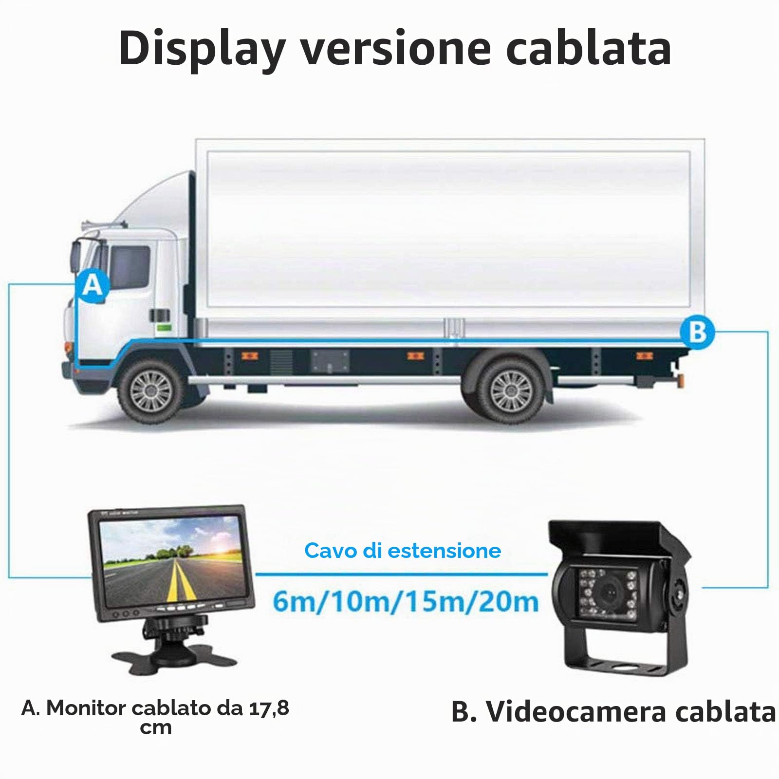 12V-24V Telecamera per retromarcia auto 7 pollici TFT LCD HD Monitor + Camper Camion Rimorchi 18LED Infrarossi Visione Notturna Impermeabile Retrovisore Inversione Backup Telecamera con 10M Cavo