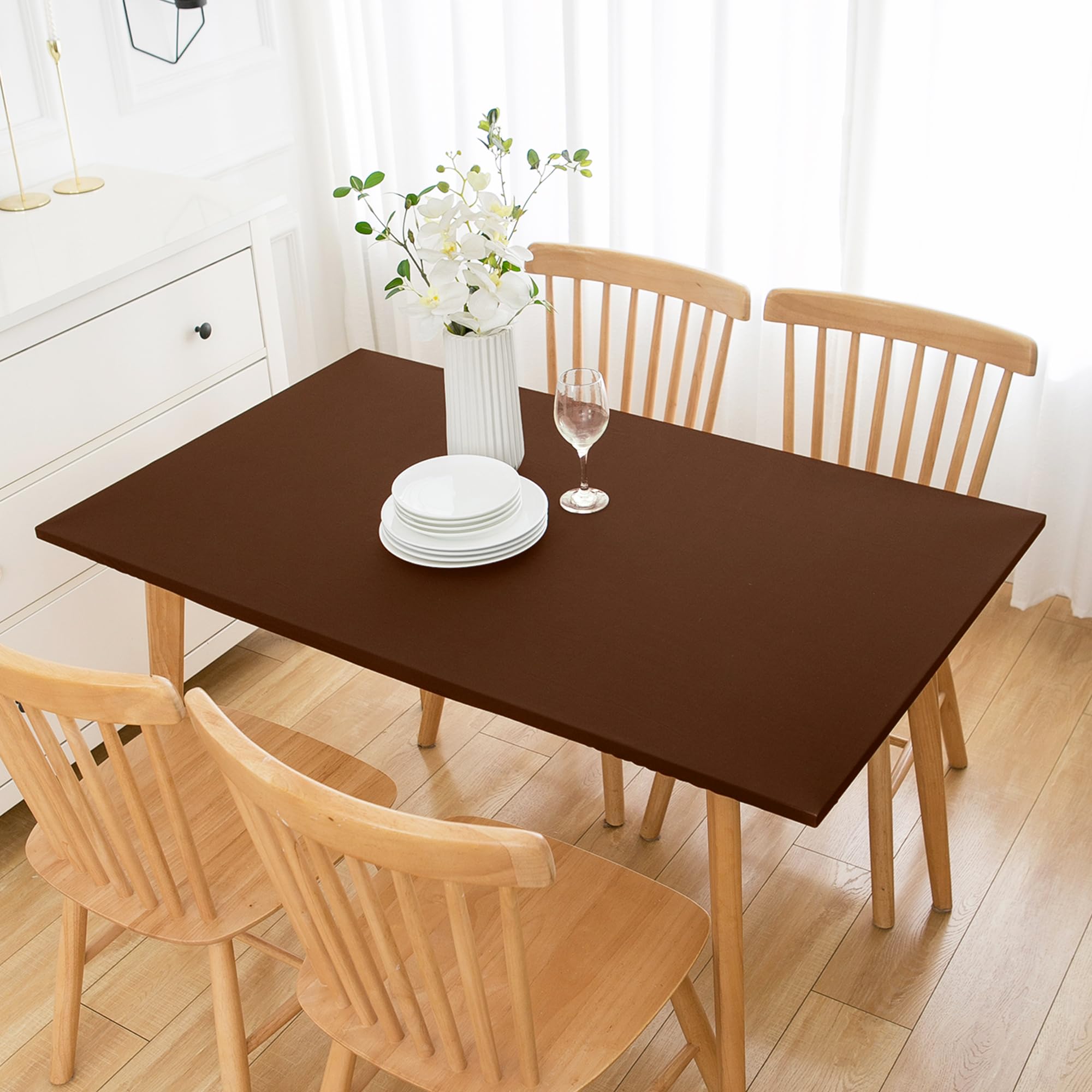 Wolkemer Tovaglia rettangolare regolabile in elastan, colore marrone, con bordo elastico, per sala da pranzo, matrimoni, feste, picnic, 107 x 183 cm