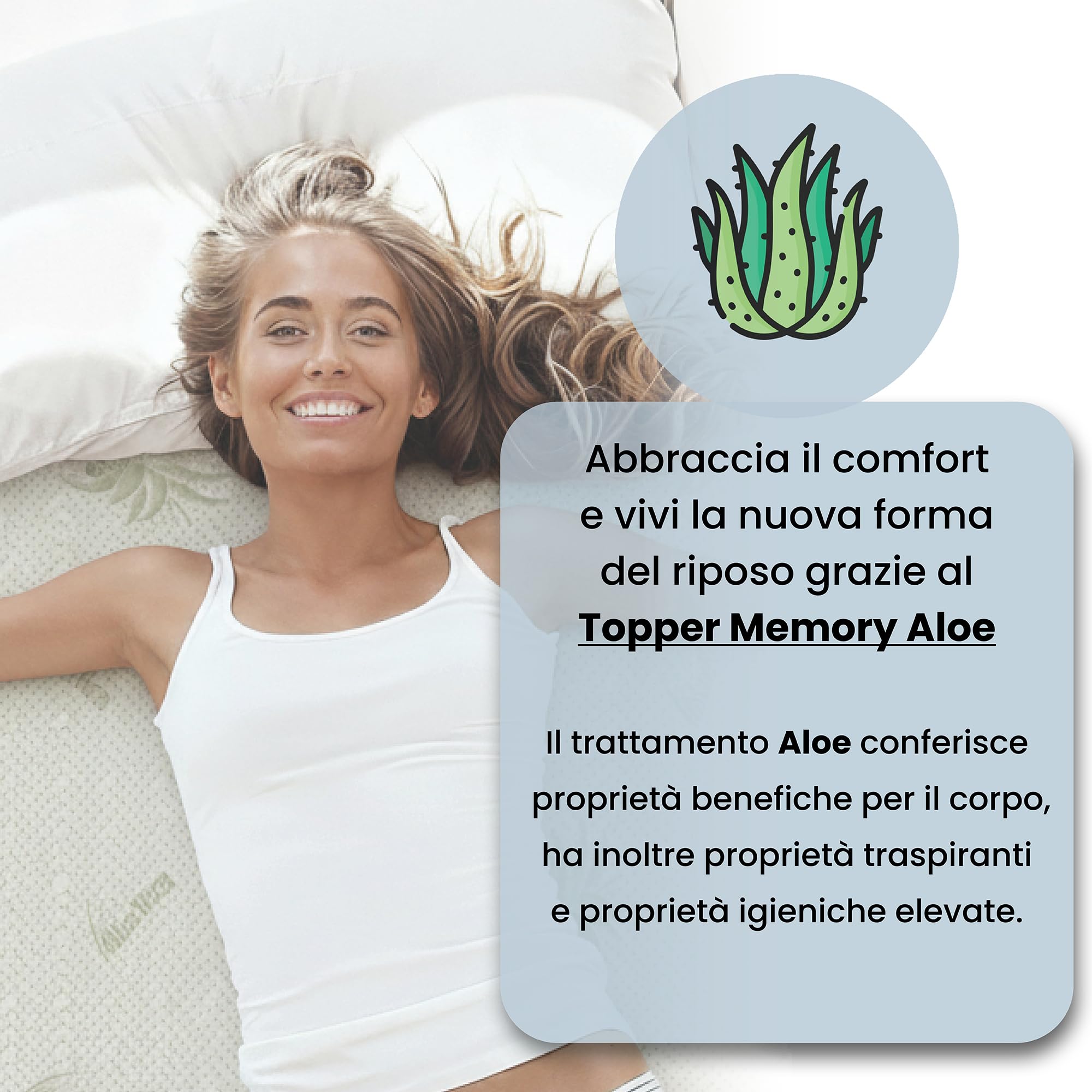 Topper Memory Foam ALOE letto Matrimoniale 160x190 cm, altezza 5 cm, Made in Italy, Rivestimento Sfoderabile e Lavabile, Coprimaterasso con Elastici per fissaggio al materasso