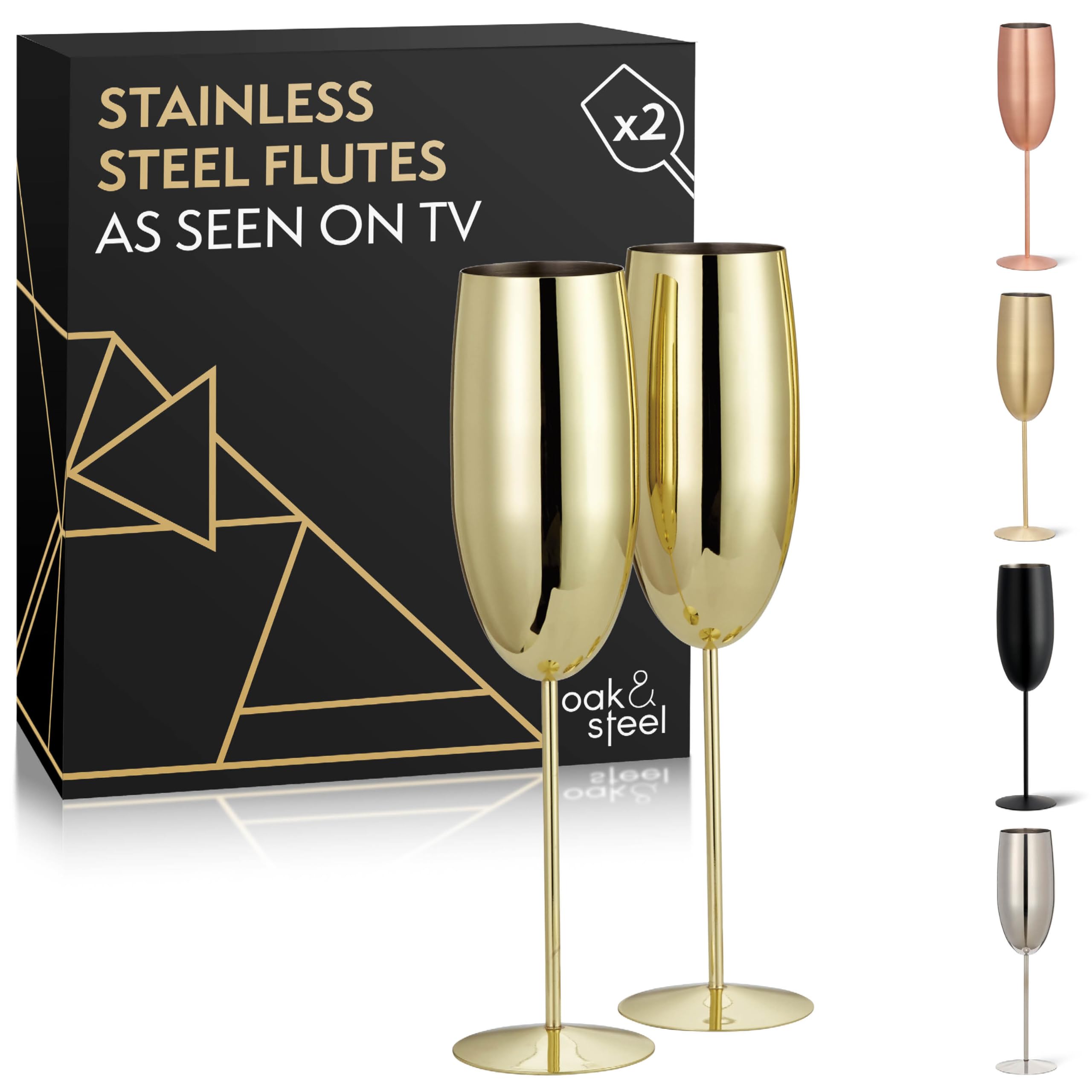 OS Oak & Steel ENGLAND 2 Gold Champagne Flutes, 280ml - Stainless Gold Prosecco Glasses with Gift Box