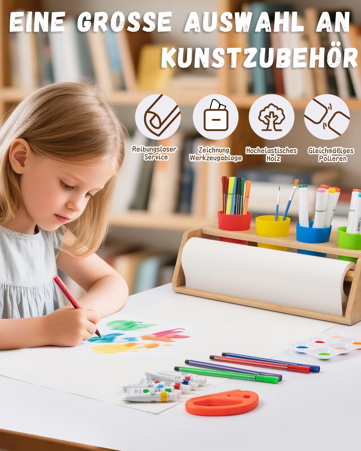 Tisch Malpapier Kinder Maltischdecke mit Holzhalter – Rutschfestes Kreativ-Set mit Farben, Pinseln & Papierrolle Malen Kinder – 35-teilig – Fördert Selbstständigkeit in Schule & Zuhause