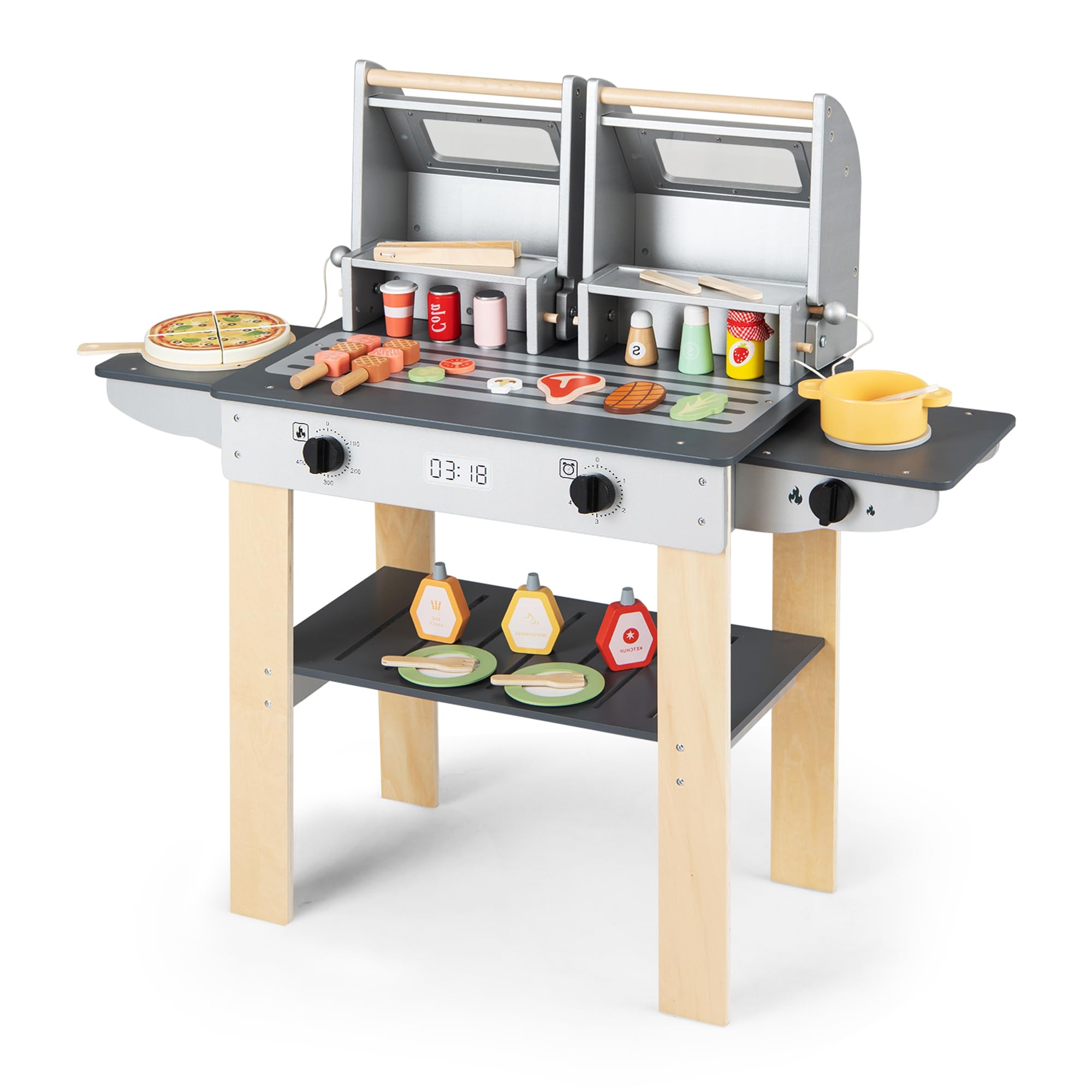 HOMASIS Cusine Enfants, Jouet BBQ Grill Barbecue en Bois avec 2 Grilles et Couvercles à Loquet, Fenêtres Transparentes, Boutons Rotatifs, Accessoires&Rangement, Jouet d’Imitation pour Enfants 3 Ans+
