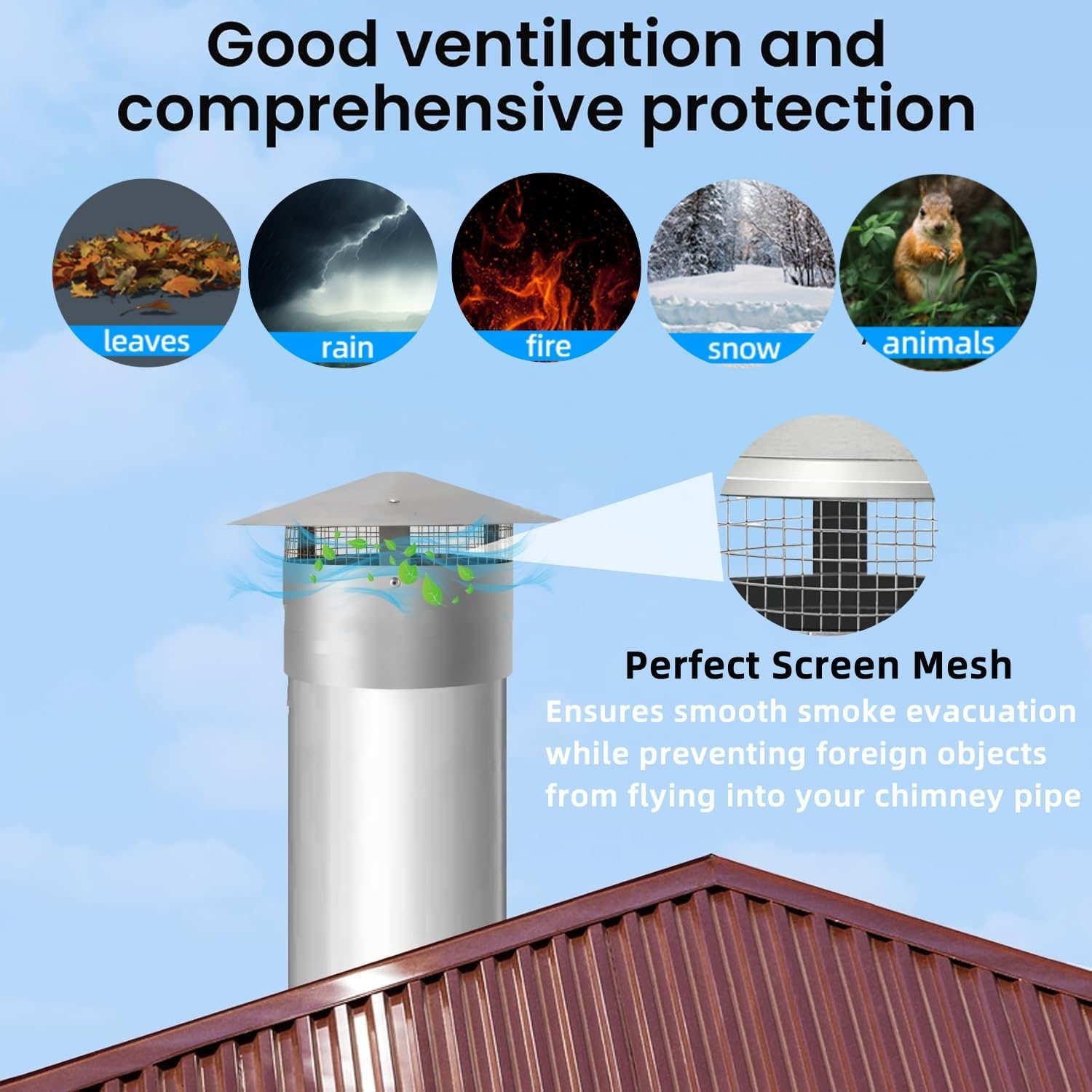 GarveeLife 8 in Round Chimney Cap, Cone Top Chimney Cap with Screen, Stainless Steel Fireplace Exhaust Cap, Outside Roof Rain Cap, Exterior Stove Pipe Cap, Easy Installation, Silver