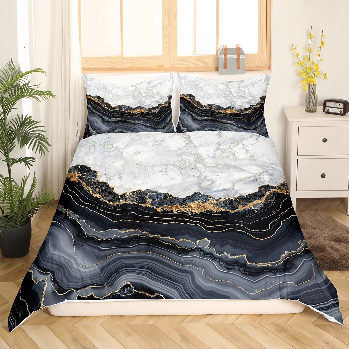 Erosebridal Black Marble Duvet Cover Set Full, Chic Stone Grain Bedding Set for Kids Teens Adult Women, Abstract Fluid Comforter Cover Bronzing Marble Bedspread Cover with 2 Pillow Cases, White Gold