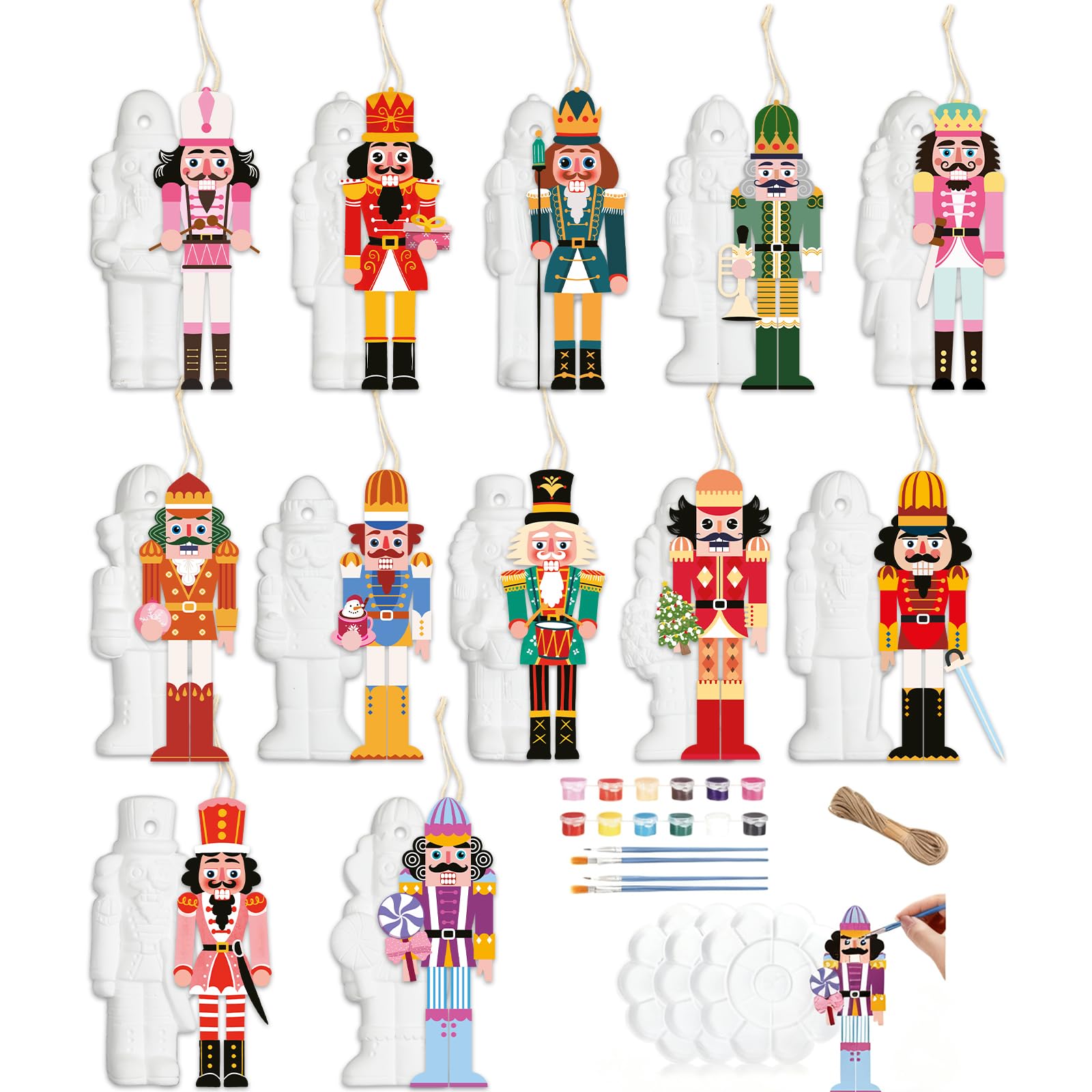Whaline 24 Sets Christmas Nutcrackers Ceramics to Paint DIY Figurine Painting Craft Kits Unpainted Plaster Ceramic Keepsake for Xmas Home Classroom Party Favors Decoration