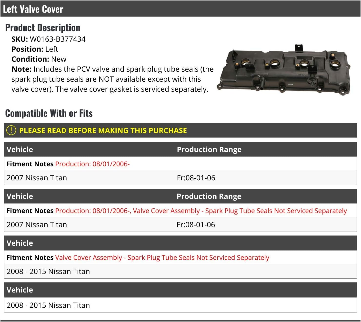 Left Driver Side Valve Cover with the PCV Valve and Spark Plug Tube Seals - Compatible with 2007-2015 Nissan Titan (Fits From 08/01/2006)