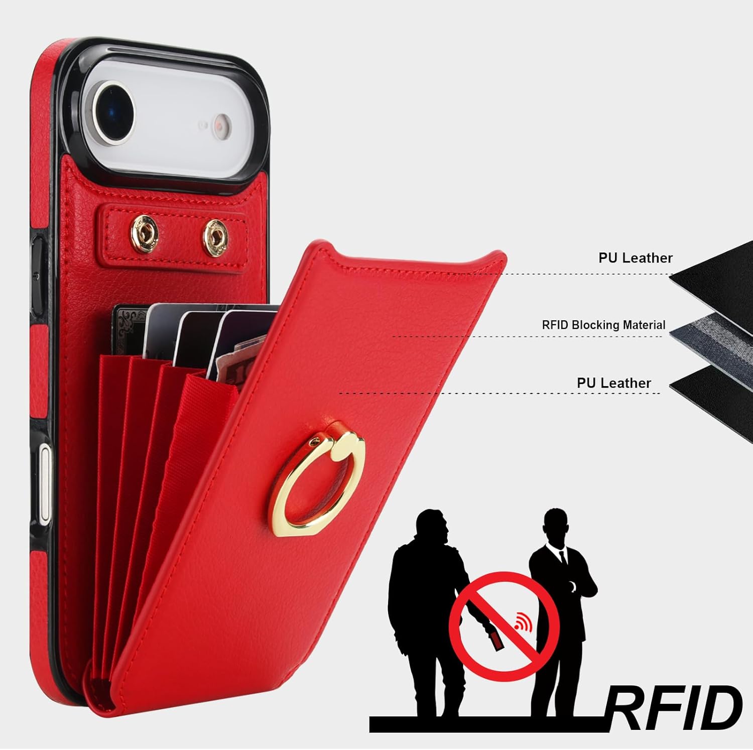 Folosu Compatible with iPhone 17 Air Case Wallet with Card Holder, 360°Rotation Finger Ring Holder Kickstand, RFID Blocking Leather Protective Double Buttons Shockproof Cover 6.5 Inch Red