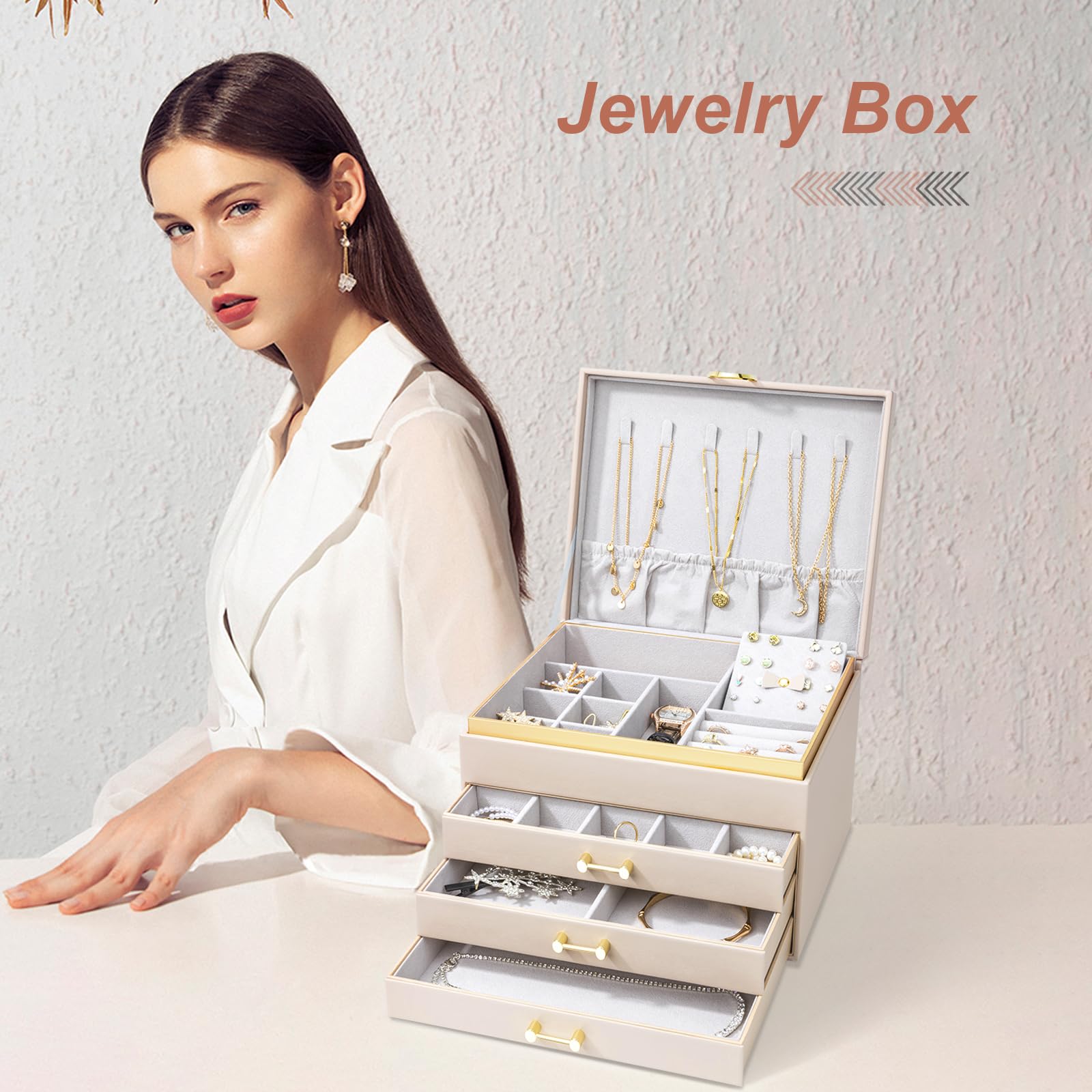 Schmuckschatulle für Damen und Mädchen, 4-lagig, große Schmuckschatullen mit 3 Schubladen, Schmuck-Aufbewahrungsbox für Ohrringe, Armbänder, Halsketten