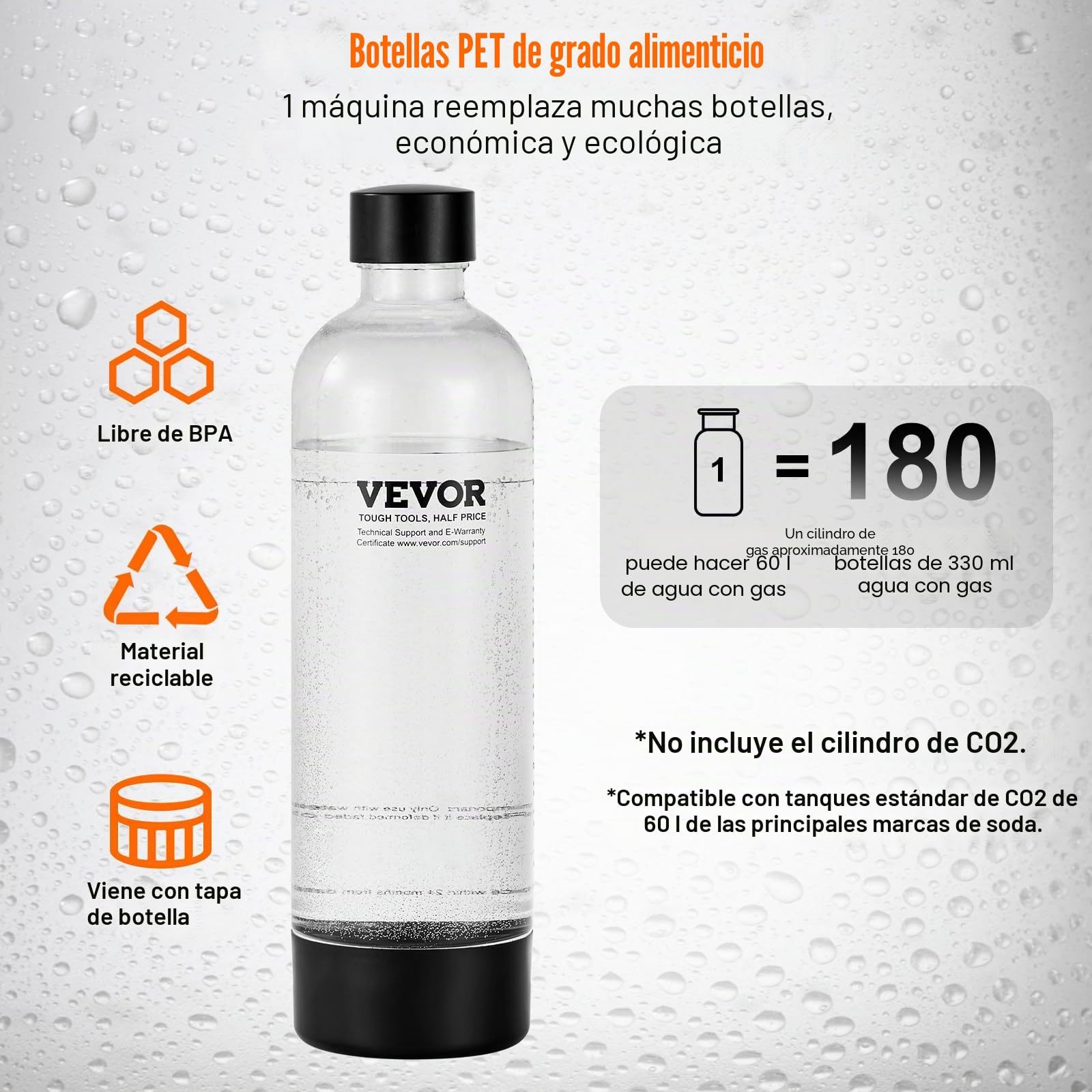 VEVOR Máquina para Hacer Agua con Gas, Máquina para Hacer Refrescos para Carbonatar en el Hogar, Kit de Inicio de Agua con Gas, Compatible con Cilindro de CO₂ de 60 Litros Atornillado, Negro