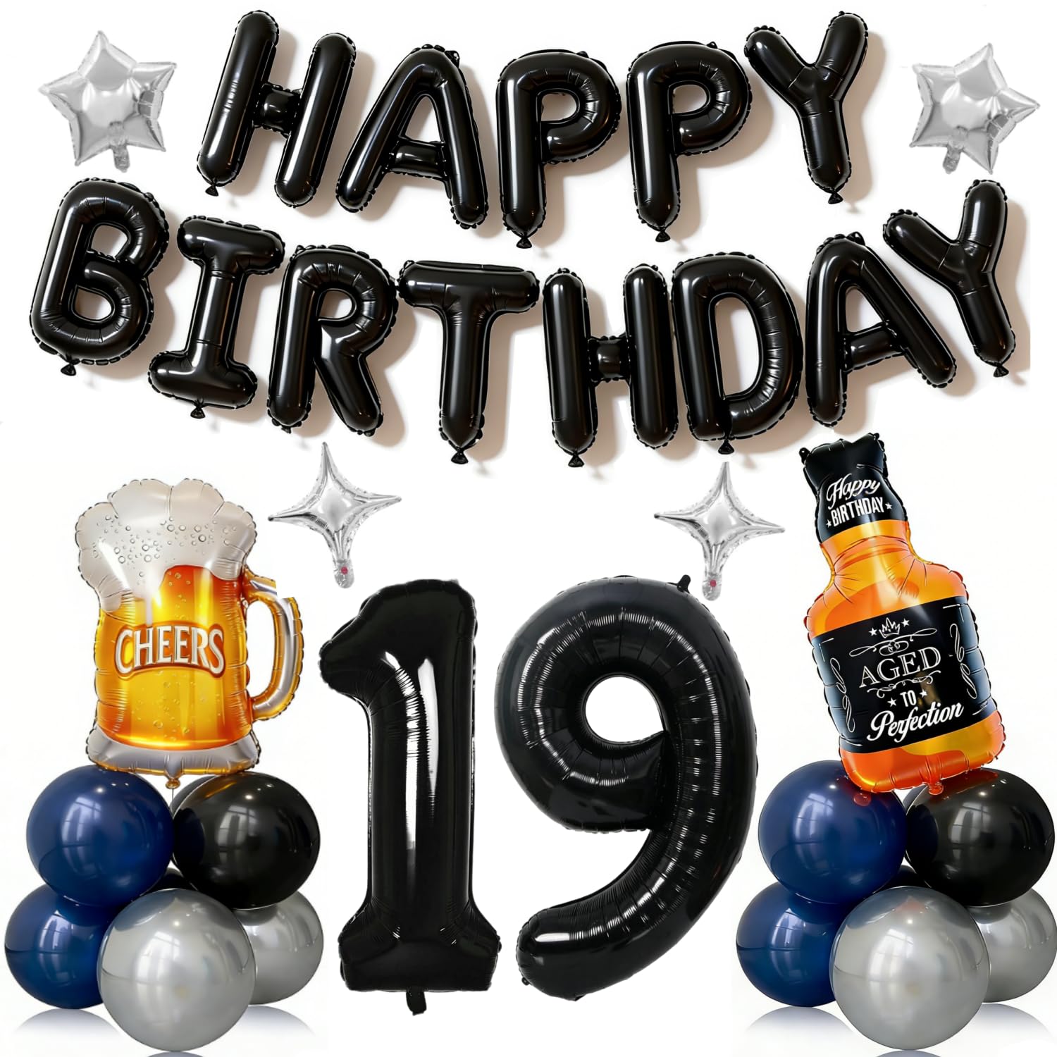 19th Birthday Decorations for Men 41pcs with Number 19 Foil Balloon Black and Blue Balloons Whiskey Beer Kit for Party Supplies